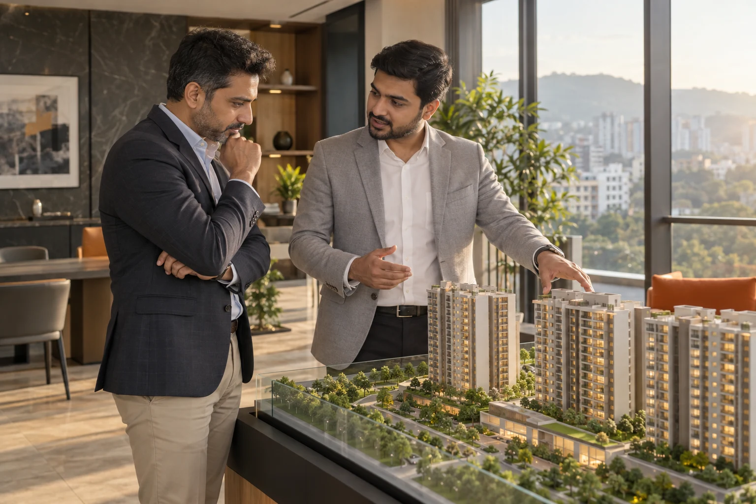 Developer and sales consultant reviewing a residential model