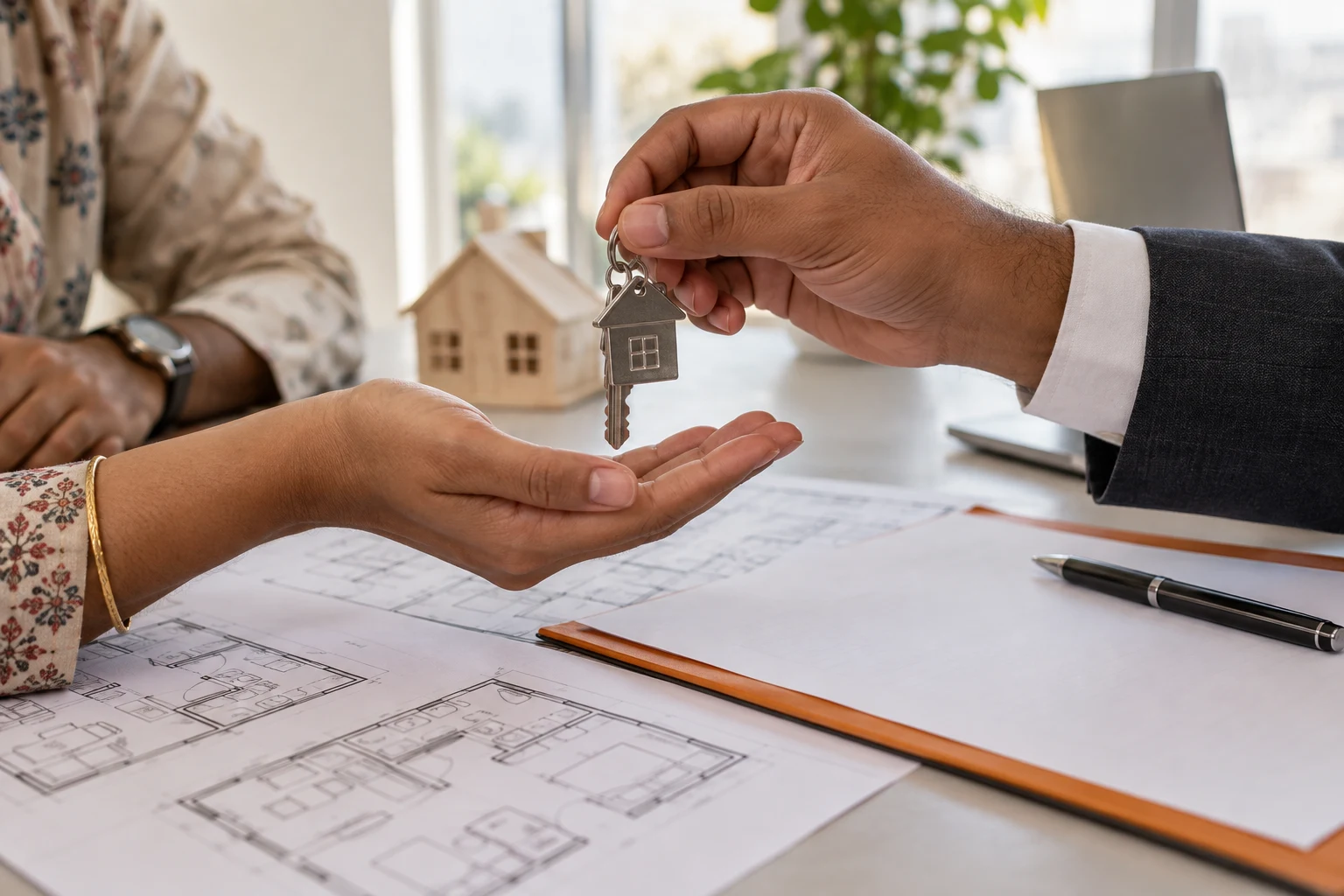 Keys handed over above a contract and floor plan