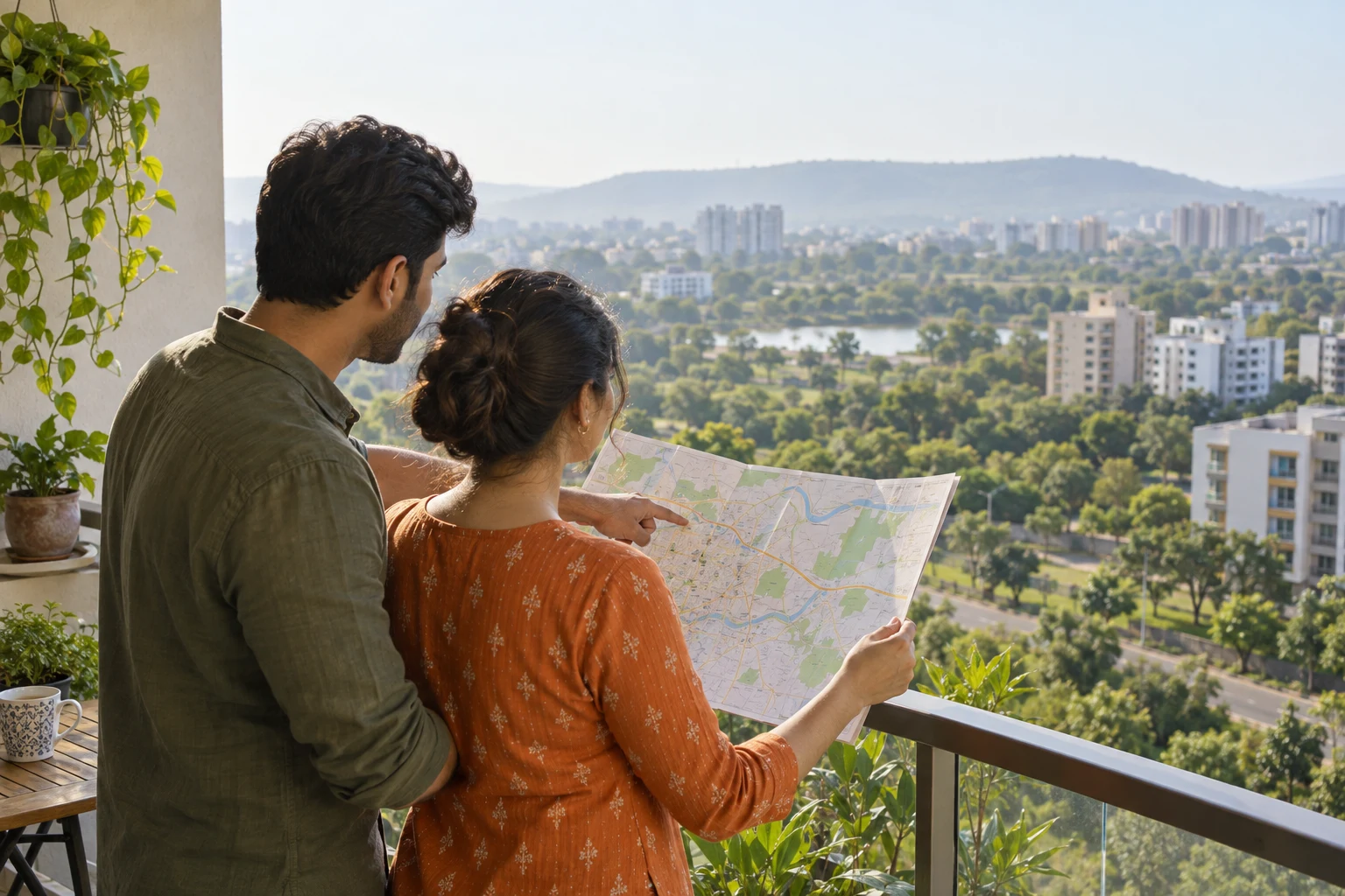 Homebuyers comparing a neighbourhood map on a balcony